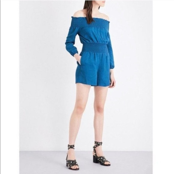 Maje Ilanda Romper XS Off-Shoulder Mini Smocked Linen Peacock Blue Luxury Party - Picture 4 of 8